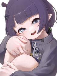 Rule 34 | 1girl, absurdres, appleblossomtea, blue eyes, blush, fang, grey hood, grey hoodie, highres, hololive, hololive english, hood, hoodie, looking at viewer, mole, mole under eye, ninomae ina&#039;nis, ninomae ina&#039;nis (loungewear), open mouth, parted bangs, pixie cut, pointy ears, purple hair, short hair, smile, solo, swept bangs, teeth, upper body, upper teeth only, virtual youtuber