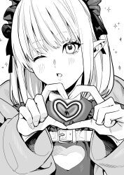 Rule 34 | 1girl, betti (maron), blush, clothing cutout, dress, greyscale, heart, heart cutout, heart hands, highres, jacket, looking at viewer, maid headdress, makaino ririmu, makaino ririmu (5th costume), monochrome, nijisanji, one eye closed, open clothes, open jacket, parted lips, pointy ears, solo, sparkle, upper body, virtual youtuber