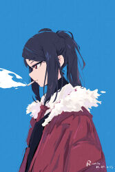 Rule 34 | 1girl, absurdres, arms at sides, artist name, black hair, black vest, blue background, cigarette, closed mouth, collared shirt, dated, expressionless, from side, fur-trimmed jacket, fur trim, highres, jacket, jill stingray, long hair, long sleeves, necktie, open clothes, open jacket, ponytail, profile, red eyes, red jacket, red necktie, rnna, shirt, simple background, smoke trail, smoking, solo, swept bangs, va-11 hall-a, vest, white shirt