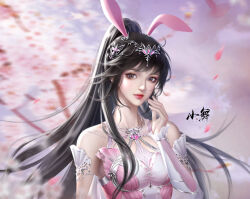Rule 34 | 1girl, animal ears, artist request, black hair, blurry, blurry background, blush, branch, cherry blossoms, closed mouth, collar, douluo dalu, dress, facial mark, falling petals, forehead mark, hair ornament, hand up, highres, looking at viewer, metal collar, petals, pink dress, ponytail, rabbit ears, second-party source, solo, upper body, xiao wu (douluo dalu)