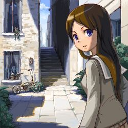 Rule 34 | 1girl, bad id, bad pixiv id, bicycle, breasts, brown hair, cloud, day, female focus, from behind, hashimoto (sunehari0109), heus (nuntarou), long hair, looking back, lowres, nature, oekaki, original, outdoors, plaid, plant, potted plant, purple eyes, school uniform, shade, skirt, sky, solo, stairs, sunlight, town
