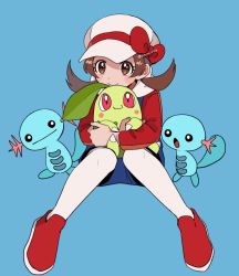 Rule 34 | 1girl, blouse, blue background, blue overalls, blush stickers, bow, brown eyes, brown hair, cabbie hat, chikorita, closed mouth, commentary request, creatures (company), game freak, gen 2 pokemon, hat, hat bow, highres, holding, holding pokemon, long hair, lyra (pokemon), momotose (hzuu xh4), nintendo, overalls, pokemon, pokemon (creature), pokemon hgss, red bow, red footwear, red shirt, shirt, shoes, simple background, smile, thighhighs, twintails, twitter username, white headwear, white thighhighs, wooper
