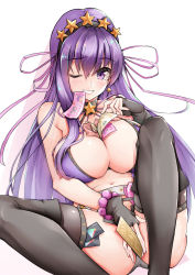 Rule 34 | 1girl, bb (fate), bb (fate) (all), bb (swimsuit mooncancer) (fate), bb (swimsuit mooncancer) (second ascension) (fate), belt, between breasts, bikini, black gloves, black shorts, black thighhighs, breasts, earrings, fate/grand order, fate (series), fingerless gloves, gloves, highres, jewelry, large breasts, long hair, micro shorts, money, mouth hold, navel, one eye closed, purple bikini, purple eyes, purple hair, purple ribbon, ribbon, sezok, short shorts, shorts, simple background, solo, star (symbol), star earrings, studded garter belt, summon ticket (fate), swimsuit, thighhighs, ticket, tucked money, very long hair, white background, white belt