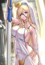 Rule 34 | 1girl, arm behind back, bare shoulders, blindfold, blindfold slip, blonde hair, blue eyes, breasts, commentary request, cowboy shot, dress, goblin slayer!, hair ornament, hair over one eye, hat, holding, holding weapon, jewelry, l.kili, large breasts, long hair, necklace, one eye covered, solo, standing, sword maiden, weapon, white dress, white hat