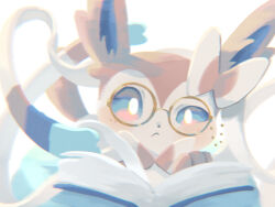 Rule 34 | :&lt;, animal focus, blue sclera, book, bow, bowtie, chromatic aberration, closed mouth, colored sclera, creatures (company), eyewear strap, game freak, gen 6 pokemon, glasses, hair bow, half-closed eye, mame (pixiv 57985908), nintendo, no humans, open book, pink bow, pink bowtie, pokemon, pokemon (creature), reading, ribbon, round eyewear, simple background, solo, sylveon, uneven eyes, white background, white eyes, white ribbon, yellow-framed eyewear