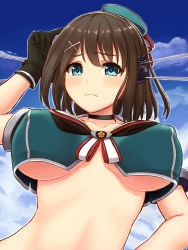 Rule 34 | 10s, 1girl, black gloves, blue eyes, blush, breasts, brown hair, choker, cloud, covered erect nipples, crop top, crop top overhang, day, from below, front-tie top, gloves, hair ornament, hairclip, hat, headgear, highres, inanaki shiki, kantai collection, large breasts, looking at viewer, looking down, maya (kancolle), maya kai ni (kancolle), md5 mismatch, midriff, short hair, sky, sleeveless, solo, sweat, underboob, upper body, x hair ornament