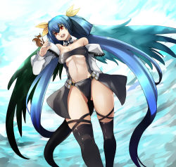 Rule 34 | 1girl, angel wings, animal, asymmetrical wings, bare shoulders, belt, black legwear, black panties, blue hair, blue sky, breasts, carrying, center opening, choker, cleavage, cloud, cloudy sky, detached sleeves, dizzy (guilty gear), eiji (eiji), guilty gear, guilty gear x, guilty gear xx, hair between eyes, hair ribbon, hair rings, holding, holding animal, medium breasts, open mouth, painting (medium), panties, red eyes, revealing clothes, ribbon, sky, squirrel, thigh strap, thighs, traditional media, underwear, wings
