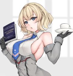 Rule 34 | 1girl, :o, black gloves, blonde hair, blue eyes, blue necktie, book, braid, breasts, collared shirt, colorado (kancolle), cup, detached sleeves, dress, gloves, grey dress, highres, holding, holding book, holding plate, jiangyou dang, kantai collection, large breasts, looking at viewer, military, military uniform, necktie, plate, shirt, short hair, sideboob, simple background, sleeveless, sleeveless shirt, solo, uniform, upper body, white shirt