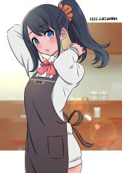 Rule 34 | 10s, 1girl, absurdres, alternate hairstyle, apron, bad id, bad pixiv id, black apron, black hair, blue eyes, blurry, blurry background, blush, bow, cardigan, copyright name, gridman universe, highres, indoors, keigo inoue, lens flare, long hair, long sleeves, looking at viewer, orange scrunchie, ponytail, red bow, scrunchie, shirt, solo, ssss.gridman, sweater, takarada rikka, white shirt, white sweater