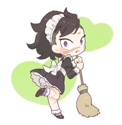 Rule 34 | 1boy, alternate costume, apron, back bow, black dress, black footwear, black hair, bloomers, bobby socks, bow, broom, chibi, closed mouth, crossdressing, dress, enmaided, fang, fang out, foot up, frilled apron, frills, from side, frown, full body, hands up, heart, holding, holding broom, juliet sleeves, kimetsu no yaiba, long hair, long sleeves, looking at viewer, looking to the side, maid, maid apron, maid headdress, male focus, mohawk, puffy sleeves, scar, scar on face, scar on leg, scar on nose, shinazugawa genya, shoe soles, shoes, socks, solo, standing, standing on one leg, underwear, upskirt, white background, white bow, white socks, zooooo co