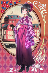 Rule 34 | 1girl, :d, black footwear, blush, boots, bow, breasts, brown eyes, brown hair, combat boots, cross-laced footwear, eyebrows, eyelashes, floral background, floral print, flower, hair between eyes, hair bow, hair ornament, hakama, hakama skirt, highres, japanese clothes, kimono, lace-up boots, long hair, long sleeves, looking at viewer, meiji schoolgirl uniform, miman, open mouth, original, pink bow, pink hakama, pink shirt, pink skirt, pleated skirt, ponytail, rose print, school uniform, shirt, simple background, skirt, smile, solo, standing, taishou era, tsurime, wide sleeves, yagasuri