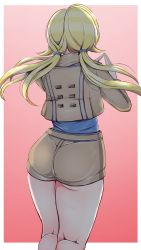 Rule 34 | 1girl, ass, blonde hair, dars, floating hair, from behind, hachimiya meguru, highres, idolmaster, idolmaster shiny colors, jacket, kneepits, long hair, monsiurbeat2, official alternate costume, own hands together, pink background, shorts, simple background, solo, twintails