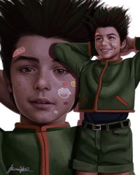 Rule 34 | 1boy, arms behind back, bandaid, bandaid on face, belt, black hair, commentary, english commentary, gon freecss, highres, hunter x hunter, laurarts 23, long sleeves, looking at viewer, male focus, nose, open mouth, pink lips, realistic, short hair, shorts, solo, spiked hair, sticker