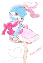 Rule 34 | 1girl, animal ears, blue hair, blue skin, blush, bow, clothed pokemon, colored skin, creatures (company), dress, easter, egg, english text, fake animal ears, female focus, game freak, gardevoir, gen 3 pokemon, hair over one eye, hairband, heart, highres, holding, leg up, muguet, multicolored skin, nintendo, orange eyes, pantyhose, pink dress, pokemon, pokemon (creature), rabbit ears, rabbit tail, red bow, red ribbon, ribbon, short hair, simple background, smile, solo, standing, standing on one leg, star (symbol), striped clothes, striped legwear, striped pantyhose, tail, two-tone skin, white background, white skin