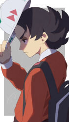 Rule 34 | 1boy, backpack, bag, black bag, black eyes, black hair, border, bright pupils, closed mouth, commentary request, creatures (company), from side, game freak, giacomo (pokemon), grey background, hand up, hat, holding, holding clothes, holding hat, jacket, long sleeves, male focus, nintendo, outside border, pointy hair, pokemon, pokemon sv, solo, tokiba nagamu, upper body, white border, white hat