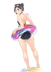 Rule 34 | 1girl, ass, back, barefoot, black one-piece swimsuit, blush, breasts, brown eyes, brown hair, carina (xiaowoo), character name, clothes writing, competition swimsuit, earrings, full body, goggles, goggles on head, hair bun, halterneck, highres, holding, holding swim ring, innertube, jewelry, kishi mieko, kneepits, legs apart, looking at viewer, one-piece swimsuit, original, simple background, single hair bun, skindentation, small breasts, smile, solo, standing, swim ring, swimsuit, thighs, wavy hair, white background