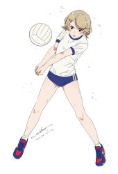 Rule 34 | 1girl, ball, blue buruma, blue footwear, brown eyes, buruma, dated, female focus, flying sweatdrops, full body, gym shirt, gym uniform, hair ornament, hairclip, light brown hair, looking at viewer, open mouth, original, own hands together, playing sports, shirt, shoes, short hair, short sleeves, signature, simple background, sneakers, socks, solo, sosa, sweat, tareme, uniform, volleyball, volleyball (object), werkbau, white background, white shirt, white socks