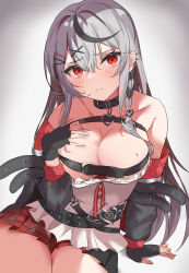 Rule 34 | 1girl, bare shoulders, black collar, black gloves, black hair, black jacket, blush, braid, breasts, camisole, chest belt, cleavage, collar, commentary request, ear piercing, fingerless gloves, gabuchi, gloves, grey hair, hair ornament, hairclip, hand on own chest, heart pendant, highres, hololive, jacket, large breasts, long hair, long sleeves, looking at viewer, miniskirt, multicolored hair, off-shoulder jacket, off shoulder, piercing, plaid, plaid skirt, red eyes, sakamata chloe, simple background, sitting, skirt, solo, streaked hair, sweat, virtual youtuber, white camisole, x hair ornament