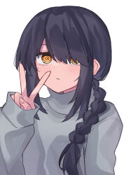 Rule 34 | 1girl, black hair, braid, braided ponytail, chainsaw man, closed mouth, expressionless, grey shirt, grey sweater, hair over one eye, hair over shoulder, hand up, highres, kurogane vipers, long hair, looking at viewer, nayuta (chainsaw man), ringed eyes, shirt, sidelocks, simple background, single braid, sleeves past wrists, solo, sweater, turtleneck, turtleneck sweater, upper body, v, white background, yellow eyes