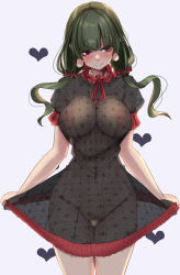 Rule 34 | 1girl, aged up, alternate costume, alternate hair color, blush, breasts, covered erect nipples, cowboy shot, dress, ebisu eika, green hair, hair between eyes, heart, highres, large areolae, large breasts, long earlobes, looking at viewer, navel, nightgown, puffy nipples, puffy short sleeves, puffy sleeves, red eyes, red neckwear, red ribbon, ribbon, see-through, short sleeves, simple background, solo, standing, textless version, thighs, touhou, upper body, white background, yukito (dreamrider)