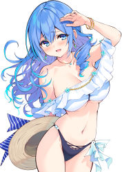 Rule 34 | 1girl, armpits, bare shoulders, bikini, black bikini, blue eyes, blue hair, blush, breasts, character request, cleavage, collarbone, cowboy shot, cu-no, earrings, hair between eyes, hat, hisen kaede, jewelry, large breasts, long hair, looking at viewer, midriff, mismatched bikini, nail polish, navel, necklace, open mouth, simple background, solo, standing, stomach, swimsuit, thighs, underboob, white background, white bikini