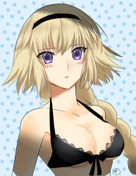 Rule 34 | 1girl, aile t, bikini, black bikini, black hairband, black ribbon, blonde hair, blue background, blush, braid, braided ponytail, breasts, cleavage, collarbone, fate/grand order, fate (series), front-tie bikini top, front-tie top, hairband, halterneck, jeanne d&#039;arc (fate), jeanne d&#039;arc (ruler) (fate), jeanne d&#039;arc (swimsuit archer) (fate), jeanne d&#039;arc (swimsuit archer) (first ascension) (fate), long hair, looking at viewer, medium breasts, parted lips, polka dot, polka dot background, purple eyes, ribbon, single braid, solo, swimsuit, underboob, upper body, very long hair