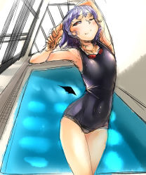 Rule 34 | 1girl, alternate costume, bakuya, bat wings, blue hair, cowboy shot, goggles, goggles around neck, highres, one-piece swimsuit, one eye closed, pool, red eyes, rei no pool, remilia scarlet, school swimsuit, sketch, smile, solo, stretching, swimsuit, touhou, vampire, wings, wink