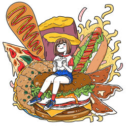 Rule 34 | 1girl, absurdres, blue footwear, blue shorts, blush stickers, brown hair, burger, cheese, closed eyes, eating, food, food focus, food request, highres, hot dog, kichi momig, lettuce, meat, medium hair, no nose, original, oversized food, oversized object, pizza, red socks, shoes, short sleeves, shorts, sitting, socks, solo, tomato, tomato slice, white background, wide shot