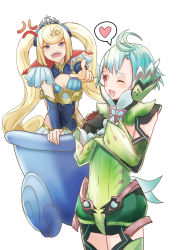 Rule 34 | 1boy, 1girl, :d, absurdres, ahoge, anger vein, armlet, bare shoulders, black gloves, blonde hair, blue eyes, breasts, cleavage, floren (xenoblade), gloves, green hair, green leotard, green sleeves, heart, highres, leotard, looking at another, okurasato, one eye closed, open mouth, pink eyes, pointing, sheba (xenoblade), simple background, smile, spoken heart, tiara, trap, twintails, white background, xenoblade chronicles (series), xenoblade chronicles 2
