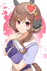 Rule 34 | 1girl, animal ears, blush, bow, braid, breasts, brown hair, commentary request, cropped torso, gentildonna (umamusume), grin, hair between eyes, hair ornament, hair rings, heart, heart hair ornament, highres, horse ears, horse girl, looking at viewer, luft9999, medium breasts, puffy short sleeves, puffy sleeves, purple bow, purple shirt, red background, red eyes, school uniform, shirt, short sleeves, smile, solo, summer uniform, tracen school uniform, two-tone background, umamusume, upper body, v-shaped eyebrows, white background