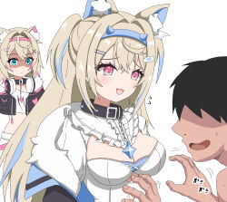 Rule 34 | 1boy, 2girls, animal ear fluff, animal ears, black collar, black jacket, blonde hair, blue eyes, blue hair, breasts, collar, cropped jacket, cropped shirt, dog ears, dog girl, dress, faceless, faceless male, fang, fur-trimmed jacket, fur trim, fuwawa abyssgard, fuwawa abyssgard (1st costume), hair ornament, hairpin, headphones, headphones around neck, highres, hololive, hololive english, jacket, kohau1410, large breasts, mococo abyssgard, mococo abyssgard (1st costume), multicolored hair, multiple girls, open mouth, pink eyes, pink hair, shirt, short shorts, shorts, siblings, sisters, skin fang, small breasts, spiked collar, spikes, streaked hair, twins, virtual youtuber, white dress, white shirt, white shorts, x hair ornament