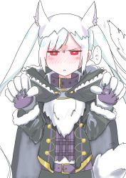 Rule 34 | 1girl, animal ears, animal hands, belt, fire emblem, fire emblem awakening, fire emblem heroes, fur trim, gloves, grima (fire emblem), halloween costume, highres, long sleeves, nintendo, paw gloves, red eyes, robin (female) (fire emblem), robin (fire emblem), simple background, solo, tail, tesuragi, twintails, upper body, white background, white hair, wolf ears, wolf tail