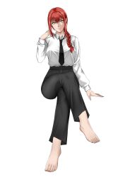 Rule 34 | 1girl, absurdres, barefoot, braid, chainsaw man, crossed legs, degato, feet, highres, long hair, looking at viewer, makima (chainsaw man), necktie, red hair, toes, yellow eyes