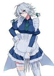 Rule 34 | 1girl, absurdres, apron, between fingers, blue eyes, bow, braid, breasts, corset, fishnets, gloves, hair bow, hand on own hip, highres, himadera, holding, holding knife, izayoi sakuya, knife, knives between fingers, large breasts, long sleeves, looking at viewer, maid, maid headdress, necktie, solo, thighhighs, thighs, touhou, twin braids, underbust, white hair