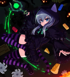 Rule 34 | 1girl, animal ears, animal hood, black dress, blue eyes, bow, bowtie, cat ears, cat hood, cat tail, cave, cheese, circular saw, dress, fake tail, floating, food, frilled dress, frills, full body, hood, hood up, indie virtual youtuber, lego, long sleeves, looking at viewer, magic, lava, noita, otsuyama heidi, saw, shoes, striped, tail, thighhighs, umaway, virtual youtuber, wand