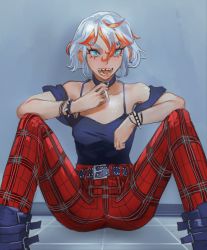 Rule 34 | 1girl, :d, belt, black belt, blouse, blue eyes, blue shirt, boots, bracelet, checkered pants, cigarette, commission, grey hair, hair between eyes, highres, holding, holding cigarette, jewelry, long hair, looking at viewer, mossacannibalis, open mouth, original, pants, red pants, shirt, sitting, smile, smoke, solo, spiked bracelet, spikes, spread legs