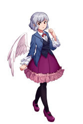 Rule 34 | 1girl, absurdres, alternate costume, black pantyhose, black shirt, blouse, blue jacket, braid, casual, center frills, collared shirt, dress, feathered wings, frilled dress, frills, full body, furahata gen, hand up, highres, jacket, kishin sagume, long sleeves, looking at viewer, pantyhose, purple dress, purple footwear, red eyes, red neckwear, shirt, shoes, short hair, silver hair, simple background, single wing, solo, standing, touhou, white background, white shirt, white wings, wing collar, wings