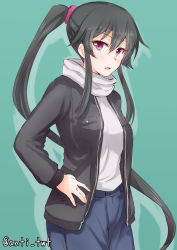 Rule 34 | 10s, 1girl, anti (untea9), black hair, blush, breasts, casual, hand on own hip, highres, jacket, kantai collection, large breasts, long hair, looking at viewer, open clothes, open jacket, open mouth, pants, ponytail, red eyes, solo, twitter username, very long hair, yahagi (kancolle)