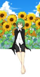 Rule 34 | 1girl, antennae, barefoot, blouse, cape, closed eyes, collared shirt, day, feet, female focus, flower, green hair, grin, head tilt, highres, katsuobushi (eba games), outdoors, shirt, short hair, sitting, smile, solo, sunflower, toes, touhou, unfinished, sketch background, white background, white shirt, wriggle nightbug