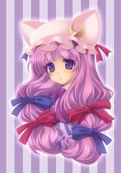 Rule 34 | 1girl, big hair, blush, commentary request, cropped torso, expressionless, eyelashes, hakoiri nyanko, halftone, hat, hat with ears, light blush, light purple hair, long hair, looking at viewer, mob cap, multi-tied hair, parted lips, patchouli knowledge, pink hat, pinstripe pattern, purple background, purple eyes, solo, striped, striped background, touhou, upper body, vertical stripes