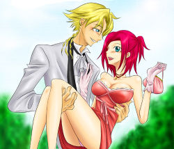 Rule 34 | 1boy, 1girl, blonde hair, blue eyes, blush, breasts, carrying, cleavage, code geass, couple, day, face-to-face, formal, gino weinberg, grin, holding, hug, kouzuki kallen, legs, lowres, open mouth, panties, pink hair, princess carry, skirt, smile, suit, sunrise (company), underwear
