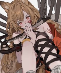 Rule 34 | 1girl, :d, animal ears, aogisa, arknights, arm strap, axe, bare shoulders, blood, blood on face, bloody weapon, blush, brown hair, ceobe (arknights), ceobe (summer flowers) (arknights), dog ears, feet out of frame, grin, halterneck, highres, holding, holding weapon, knees up, long hair, looking at viewer, official alternate costume, open mouth, parted lips, red eyes, simple background, sitting, smile, solo, v-shaped eyebrows, very long hair, weapon, white background
