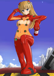 Rule 34 | 00s, 1girl, absurdres, artist request, ass, blue eyes, blue sky, bodysuit, brown hair, can, evangelion: 2.0 you can (not) advance, highres, holding, holding can, long hair, looking at viewer, multicolored clothes, navel, neon genesis evangelion, plugsuit, rebuild of evangelion, red bodysuit, see-through, see-through bodysuit, shiny clothes, sky, souryuu asuka langley, test plugsuit, tsundere, very long hair, wide hips