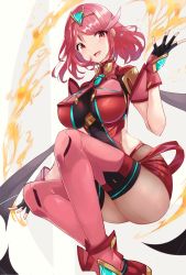 Rule 34 | 1girl, black gloves, bob cut, breasts, chest jewel, earrings, fingerless gloves, gem, gloves, headpiece, highres, jewelry, large breasts, leggings, leggings under shorts, nintendo, open mouth, pantyhose, pyra (xenoblade), red eyes, red hair, red shorts, red thighhighs, risumi (taka-fallcherryblossom), short hair, short shorts, shorts, super smash bros., swept bangs, thighhighs, tiara, xenoblade chronicles (series), xenoblade chronicles 2