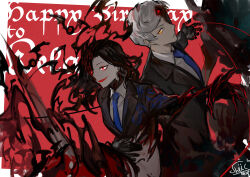 Rule 34 | 1boy, 1girl, bat (animal), black gloves, black hair, black jacket, blood, blood vessels, blue necktie, claws, collared shirt, elena (project moon), gloves, jacket, jae-heon, library of ruina, long hair, necktie, nishikujic, parted lips, project moon, puppet strings, red eyes, shirt, smile, smoke, white hair, white shirt, wing collar, yellow eyes