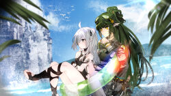 Rule 34 | 2girls, ahoge, arknights, bare shoulders, black gloves, blue sky, blurry, breasts, cloud, crocodilian tail, day, depth of field, fingerless gloves, gavial (arknights), gloves, goggles, goggles on head, green hair, grey hair, hair over one eye, highres, innertube, legs, lens flare, long hair, mask, mask around neck, material growth, mountainous horizon, multicolored hair, multiple girls, ocean, official alternate costume, one-piece swimsuit, oripathy lesion (arknights), outdoors, pointy ears, ponytail, sitting, sky, smile, standing, stirrup legwear, streaked hair, swim ring, swimsuit, tail, thighs, toeless legwear, toes, tomimi (arknights), tudili, water, yellow eyes