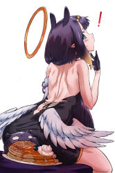 Rule 34 | 1girl, ass, back, back focus, backless dress, backless outfit, blue eyes, blueberry, detached sleeves, diamond hairband, doodle, dress, food, fruit, fur-trimmed collar, fur choker, fur trim, gradient hair, halo, haraya manawari, highres, hololive, hololive english, long hair, looking at viewer, looking back, low wings, multicolored hair, ninomae ina&#039;nis, orange hair, pancake, pancake stack, single detached sleeve, sitting on food, strapless, strapless dress, syrup, takodachi (ninomae ina&#039;nis), tentacle hair, tentacles, tube dress, very long hair, virtual youtuber, whipped cream, wings