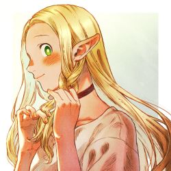 Rule 34 | 1girl, blonde hair, blush, braid, braiding hair, choker, closed mouth, dungeon meshi, elf, from side, green eyes, hair around ear, hairdressing, hands up, long hair, looking at viewer, marcille donato, nail polish, outside border, pointy ears, portrait, profile, shako (shaco flat), side braid, smile, solo, straight hair, yellow nails