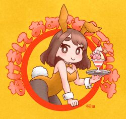 Rule 34 | 1girl, :3, animal ears, bent over, black pantyhose, bow, bowtie, breasts, brown eyes, brown hair, chinese zodiac, cleavage, detached collar, eyebrows hidden by hair, fake animal ears, fake tail, food, holding, holding tray, ice cream, leotard, medium breasts, orange bow, orange bowtie, orange leotard, original, pantyhose, playboy bunny, rabbit ears, rabbit tail, sakuradamanga, signature, solo, strapless, strapless leotard, sundae, swept bangs, tail, thick eyebrows, traditional bowtie, translation request, tray, wrist cuffs, year of the rabbit