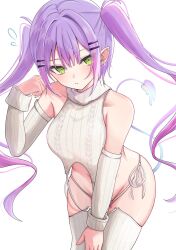 Rule 34 | 1girl, alternate costume, bare shoulders, blush, c1p122, commentary request, demon girl, demon tail, detached sleeves, flying sweatdrops, green eyes, hair ornament, hairclip, hand up, highres, hololive, leaning forward, long hair, looking at viewer, meme attire, panties, piercing, purple hair, ribbed sleeves, ribbed sweater, side-tie panties, simple background, solo, spoken object, sweater, tail, tail ornament, tokoyami towa, twintails, underwear, virgin destroyer sweater, virtual youtuber, white background, white panties, white sleeves, white sweater
